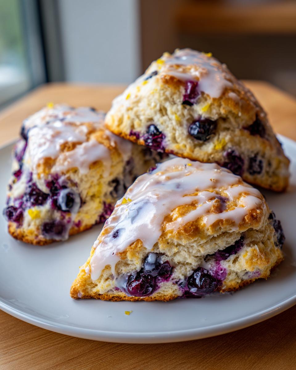 Three triangular lemon blueberry scones topped with white glaze and lemon zest on a light plate.