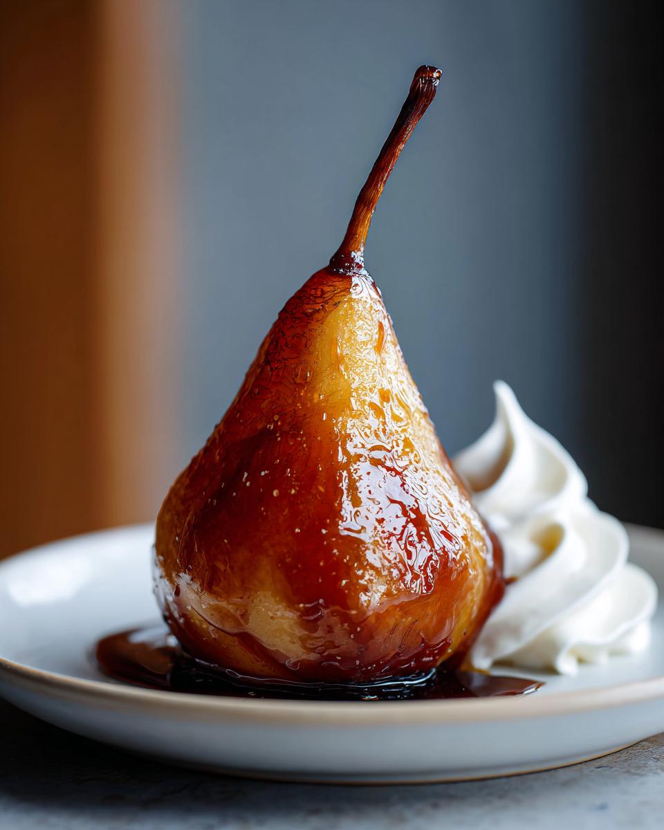 A beautifully glazed poached pear served with a swirl of whipped cream on a white plate.