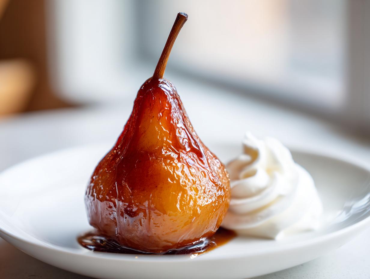 A single, beautifully glazed poached pear served on a white plate next to a dollop of whipped cream.