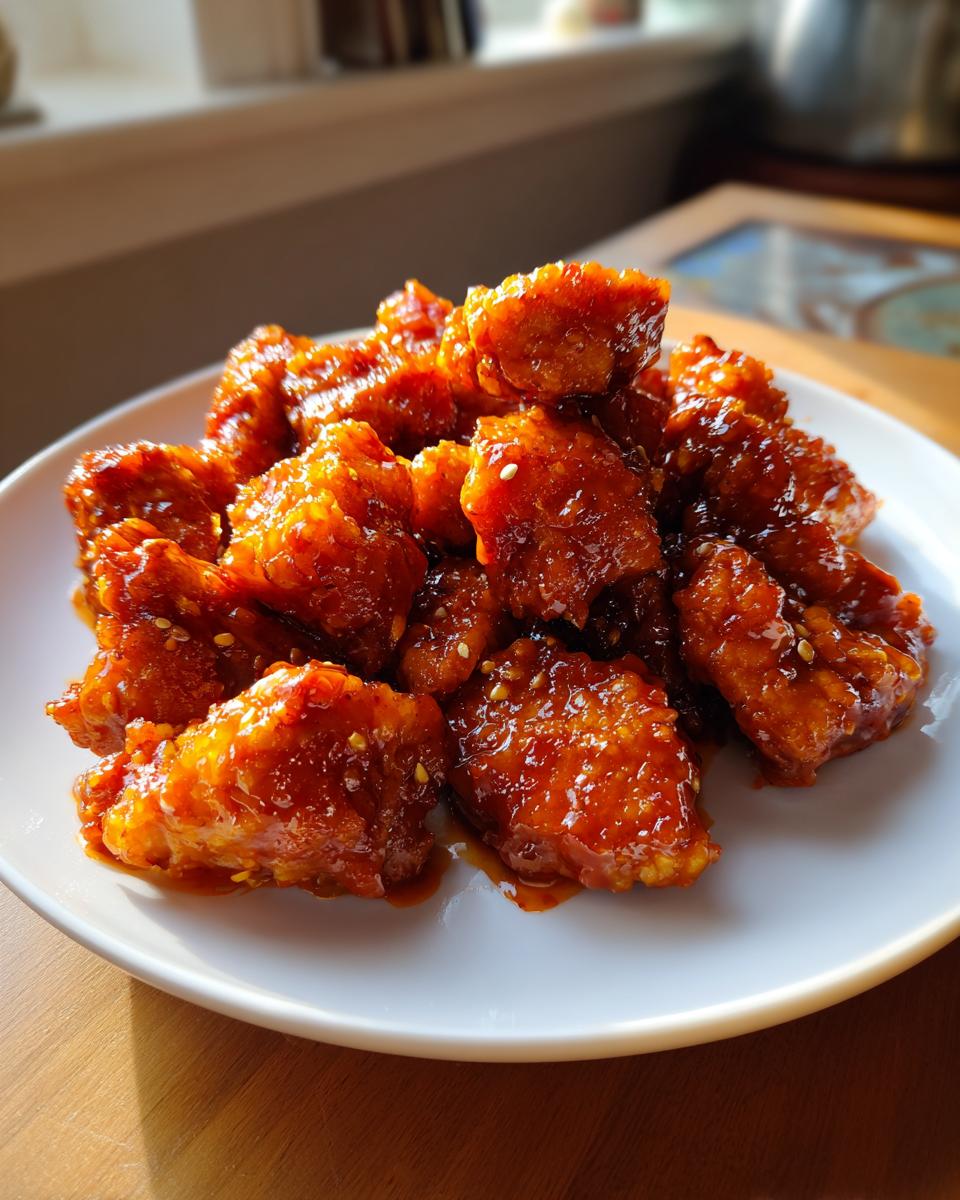 A close-up of crispy, glazed gochujang chicken pieces piled high on a white plate, glistening with sauce and sprinkled with sesame seeds.