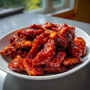 Close-up of sticky, vibrant red gochujang chicken pieces coated in a spicy glaze and sesame seeds, served in a white bowl.