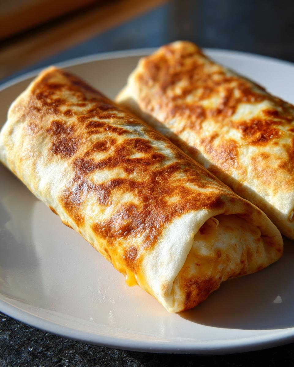 Two golden-brown, crispy Baked Chicken Chimichangas resting on a light-colored plate.