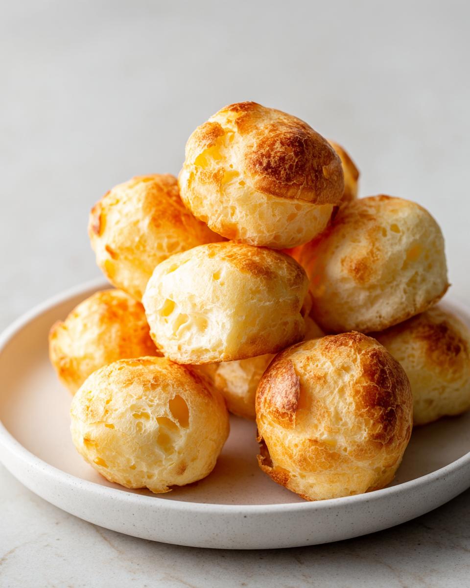 A stack of freshly baked, golden brown brazilian cheese bread puffs piled high on a light ceramic plate.