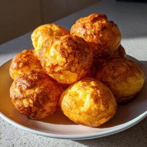A close-up of several golden brown, puffy brazilian cheese bread rolls piled on a light-colored plate.