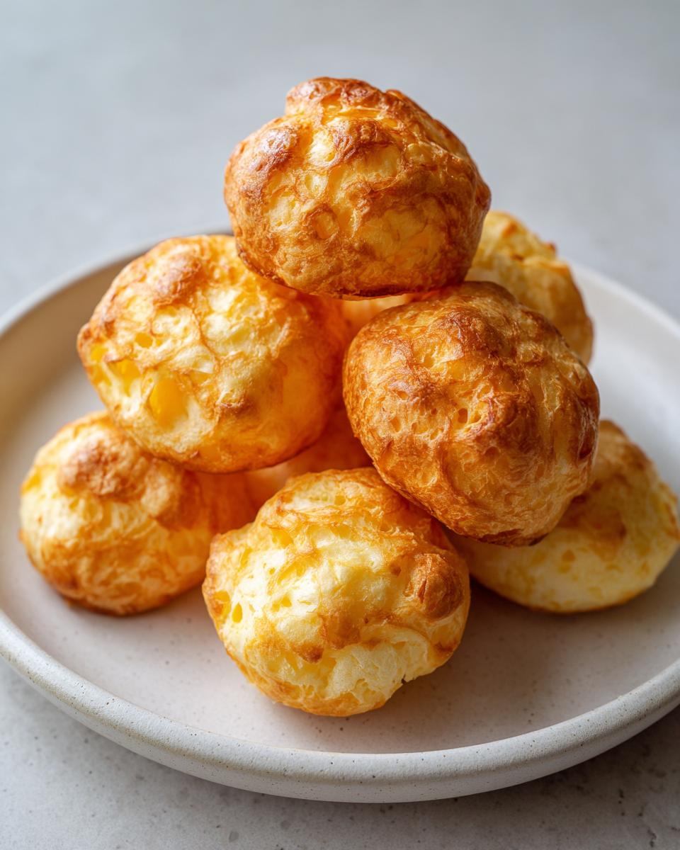 A stack of freshly baked, golden brown brazilian cheese bread rolls piled high on a light ceramic plate.