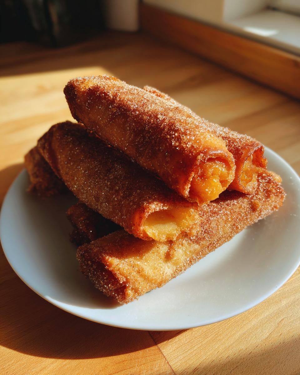 A stack of golden brown peach cobbler egg rolls, heavily coated in cinnamon sugar, resting on a white plate.