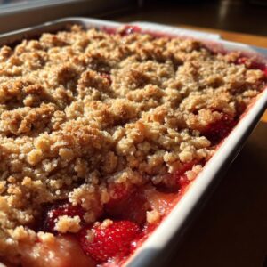 Close-up of a baked rhubarb crisp with a golden, crumbly topping bubbling over bright red fruit filling in a white baking dish.