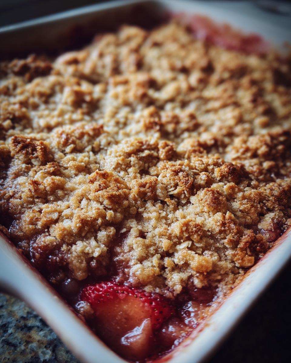 Close-up, slightly angled view of a baked rhubarb crisp with a golden, crumbly oat topping and visible cooked fruit underneath.