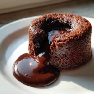 A rich, dark chocolate lava cake with molten center oozing onto a white plate.