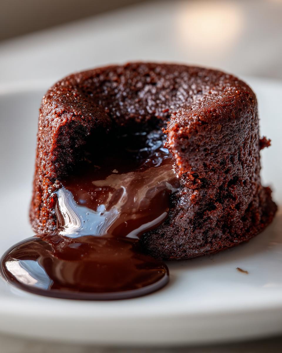 Close-up of a rich, dark chocolate lava cake with molten center oozing onto a white plate.