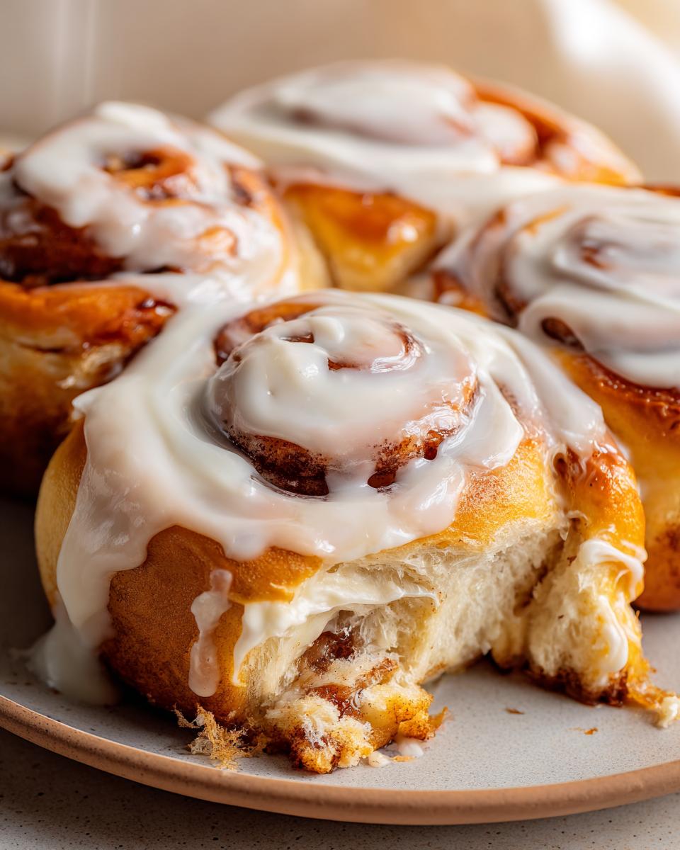 Close-up of gooey cinnamon buns topped with thick white icing, one bun is broken open showing the soft interior.