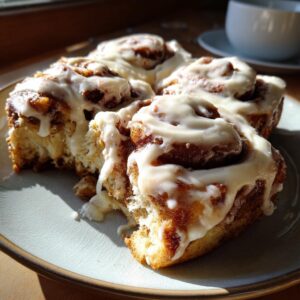 A plate featuring several gooey cinnamon buns generously topped with thick white icing, illuminated by sunlight.