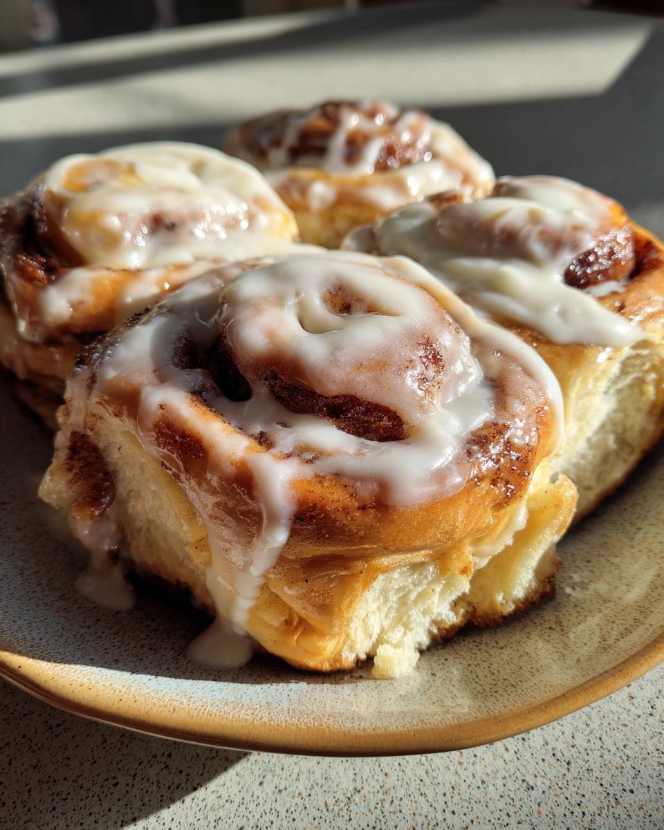 Close-up of several gooey cinnamon buns topped with thick white icing, sitting on a speckled plate.