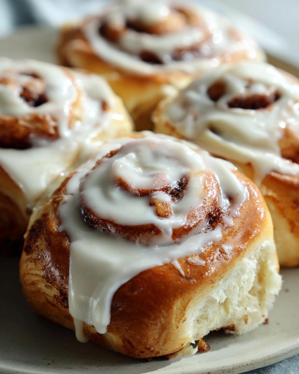 Close-up of several freshly baked, gooey cinnamon buns topped with thick white icing.
