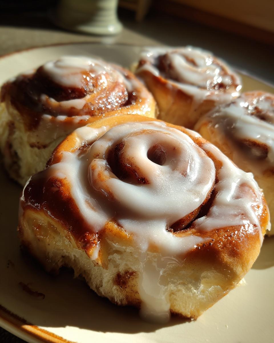Close-up of four freshly baked, gooey cinnamon buns topped with thick white icing, sitting on a plate in bright sunlight.