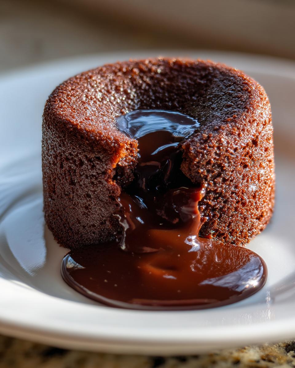 Close-up of a freshly baked chocolate lava cake with molten center oozing onto a white plate.