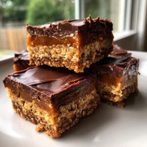 Close-up of stacked graham cracker toffee bars featuring a crunchy base, gooey caramel layer, and rich chocolate topping.