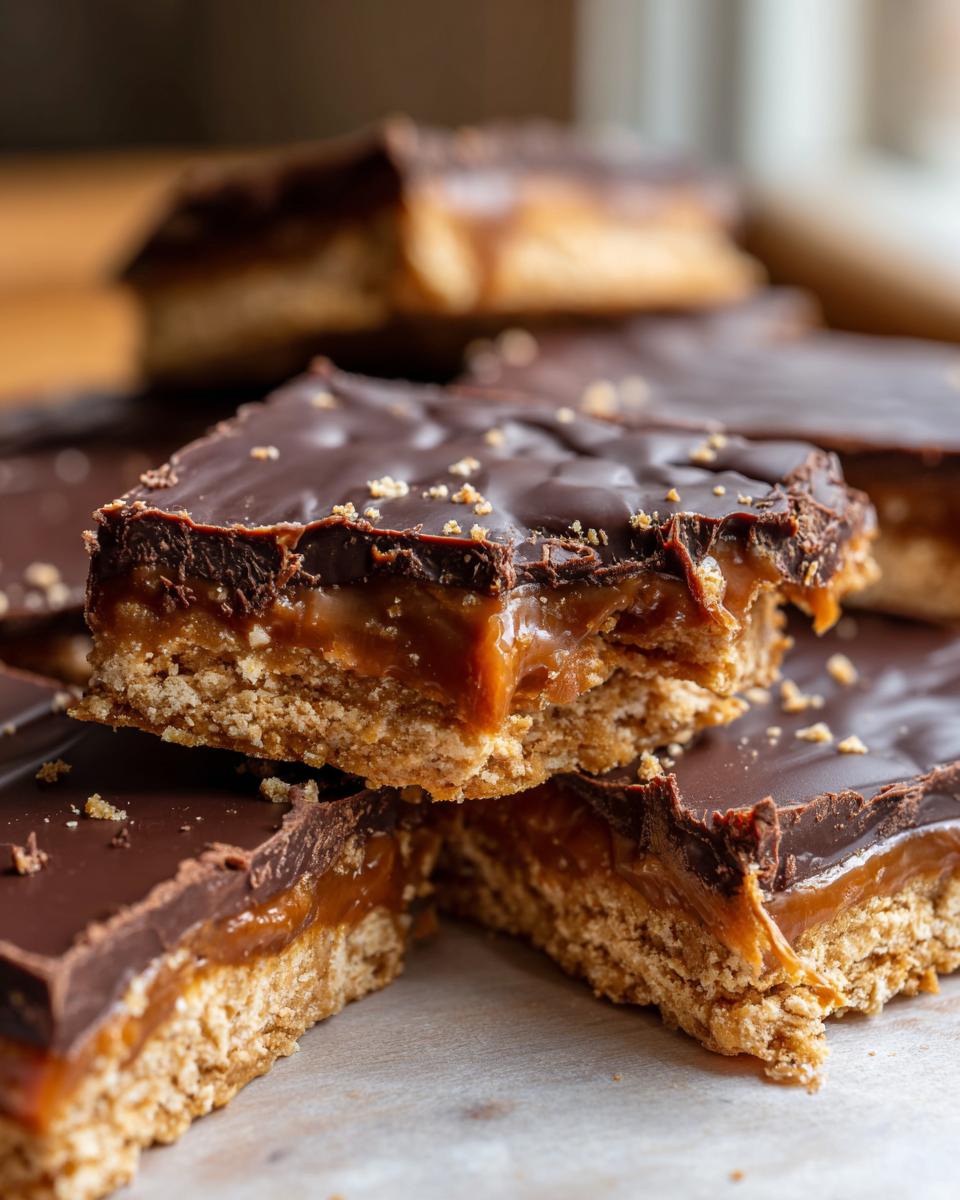 Close-up of stacked graham cracker toffee bars showing the crunchy base, gooey caramel layer, and chocolate topping.