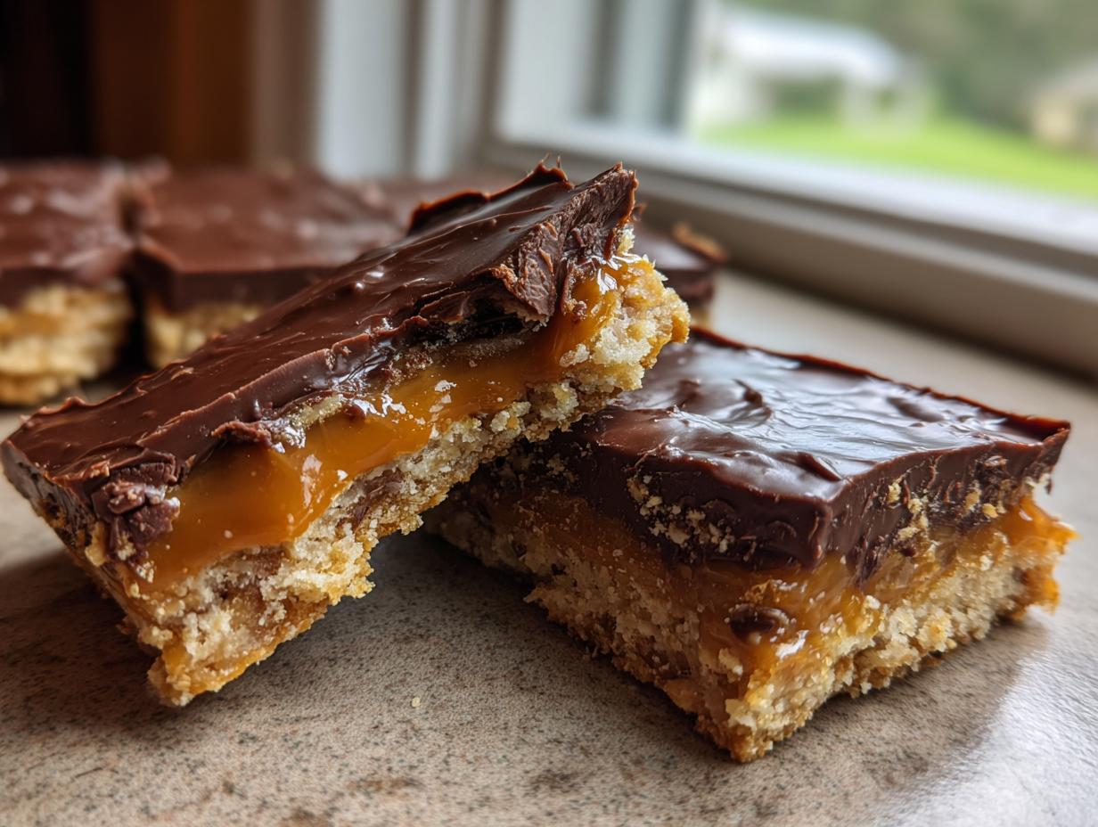 Two pieces of homemade graham cracker toffee broken open to show the layers of crust, caramel, and chocolate topping.