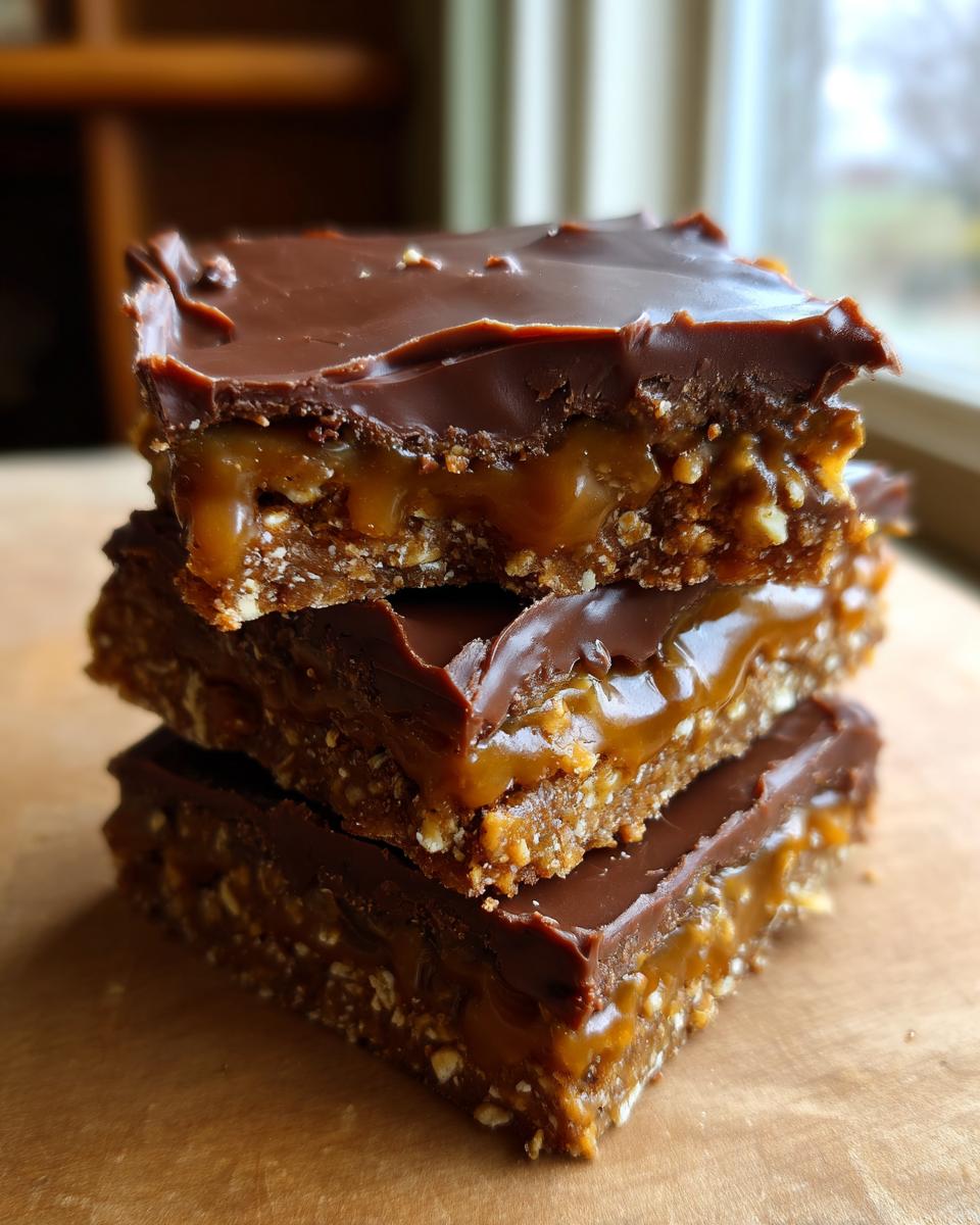 Close-up of three stacked graham cracker toffee bars showing the crunchy base, gooey caramel layer, and thick chocolate topping.