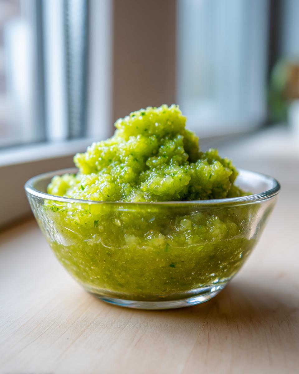A mound of bright green tomato salsa served in a small clear glass bowl on a light wooden surface.