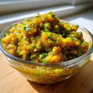 Close-up of chunky, golden-green green tomato salsa garnished with fresh herbs in a clear glass bowl.