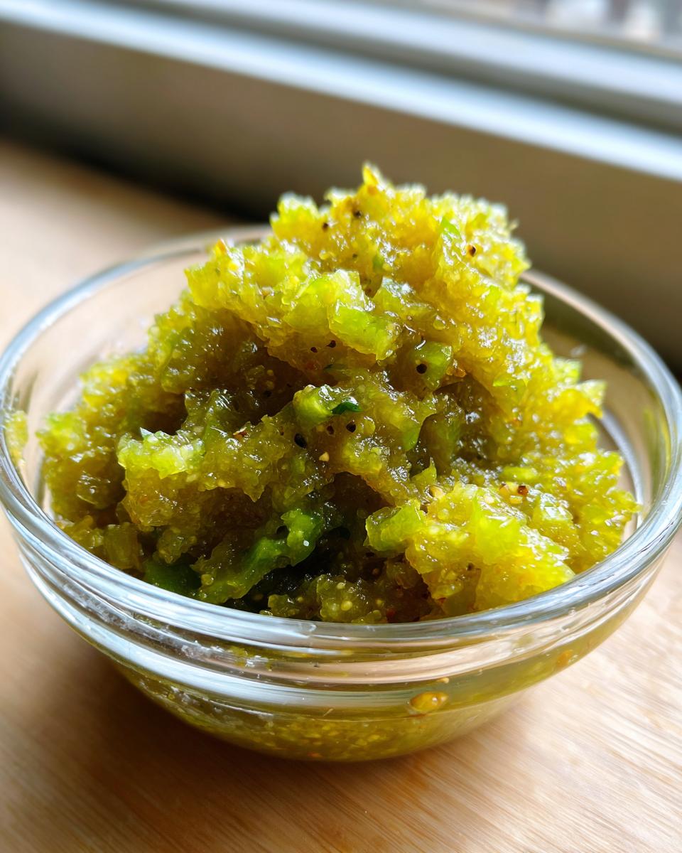 A close-up of chunky, bright green tomato salsa piled high in a small clear glass bowl.