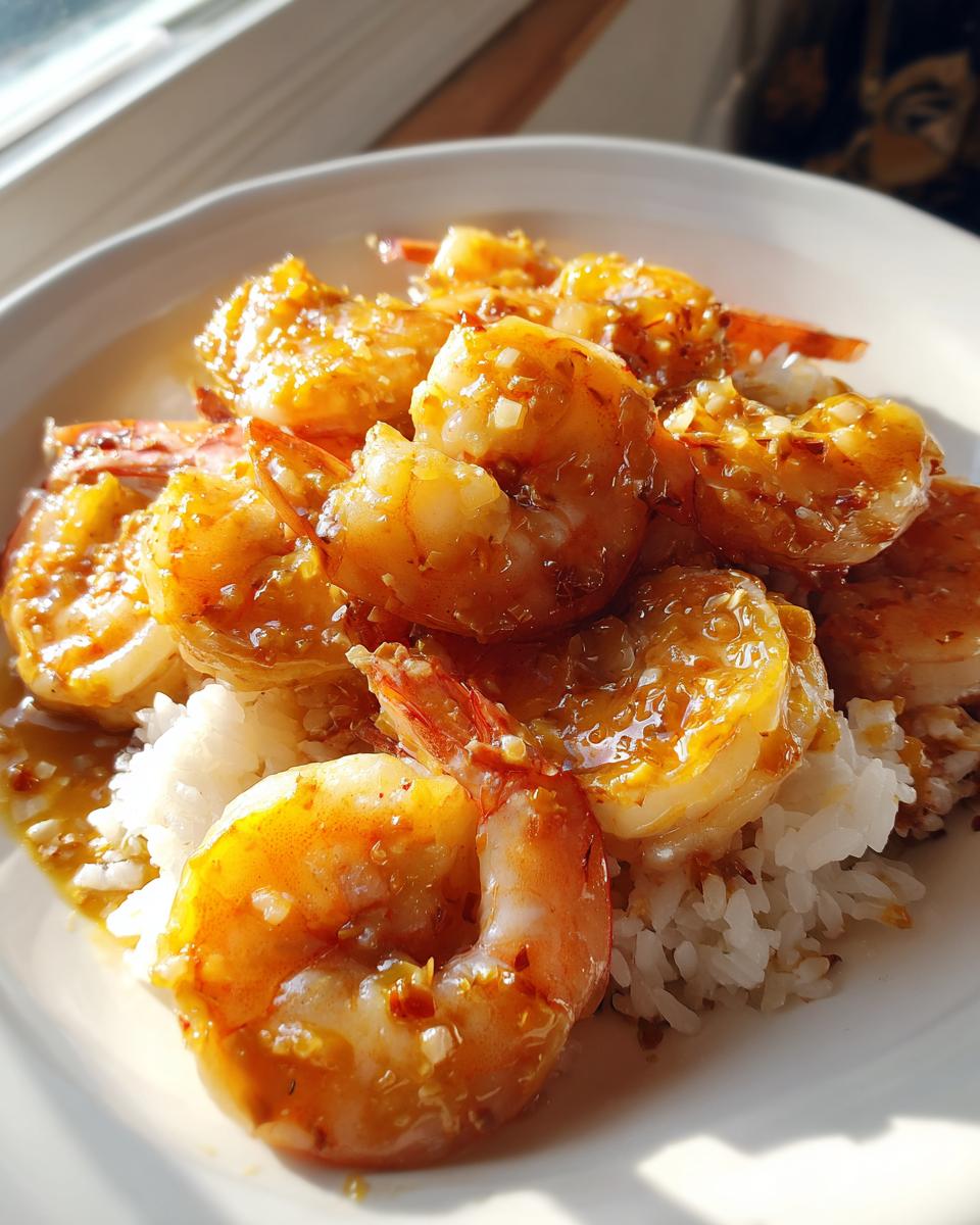 Close-up of juicy Hawaiian garlic shrimp coated in a rich, golden sauce served over white rice.