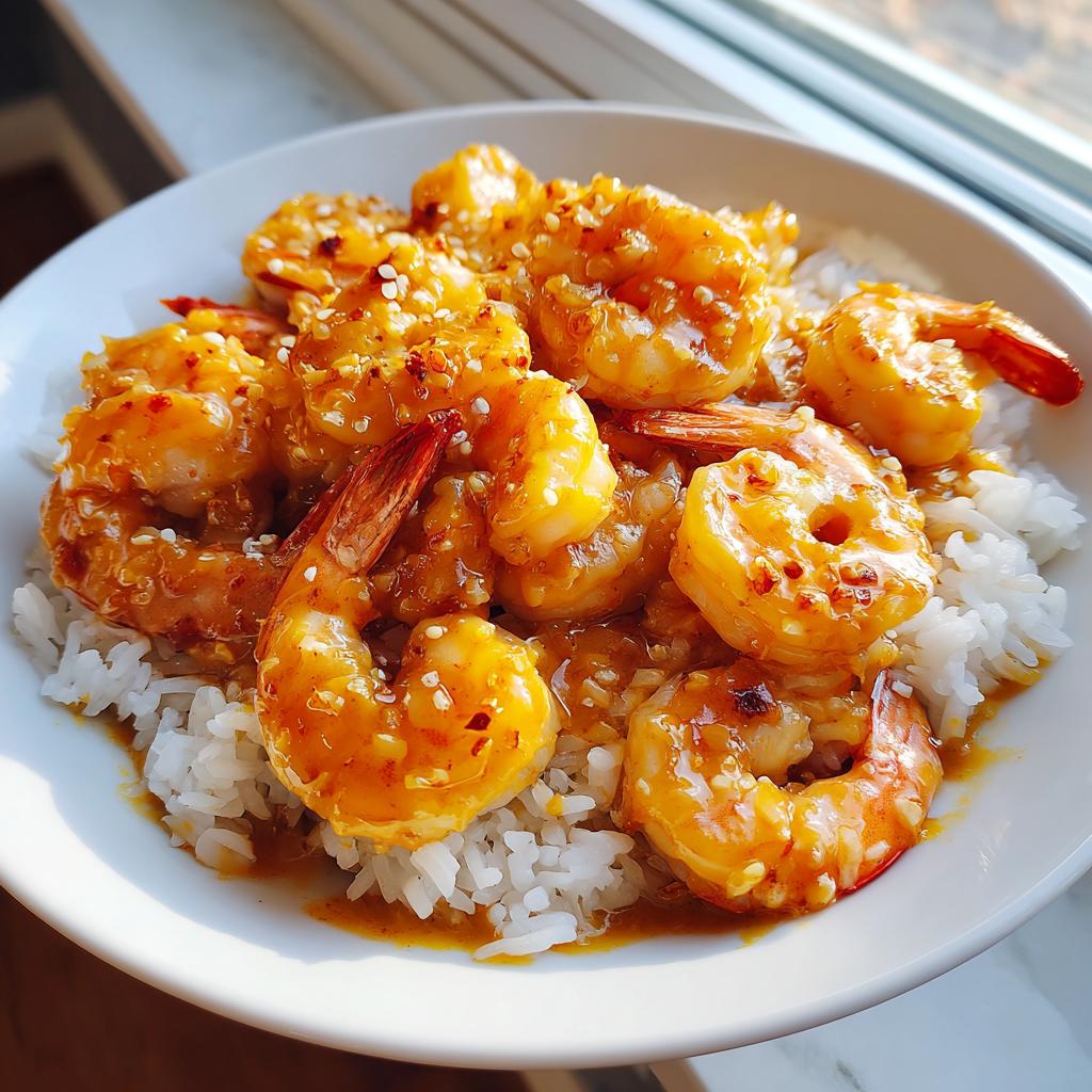 Close-up of succulent Hawaiian garlic shrimp coated in a glossy sauce and sprinkled with sesame seeds, served over white rice in a bowl.