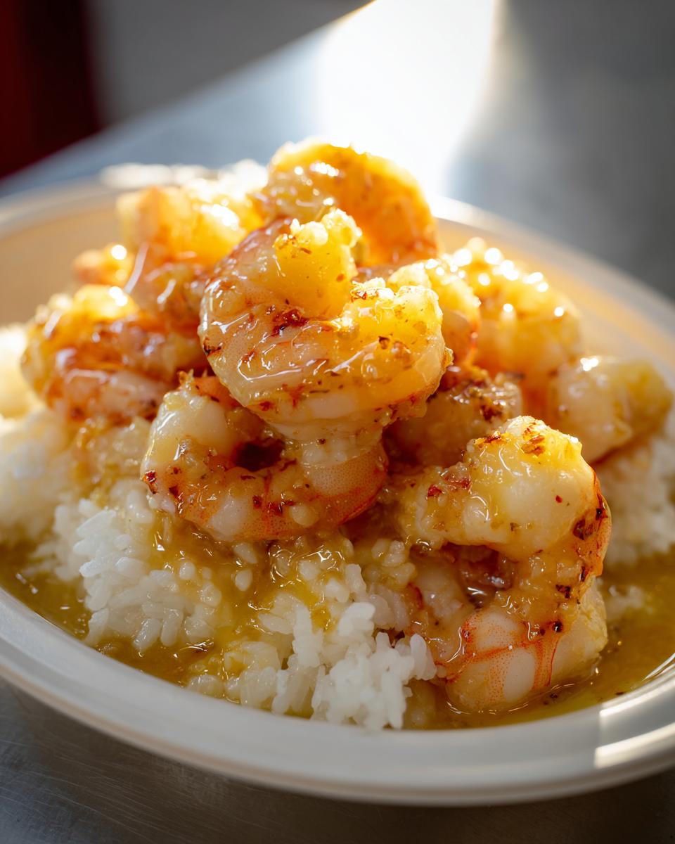 Close-up of juicy Hawaiian garlic shrimp smothered in buttery sauce served over white rice.