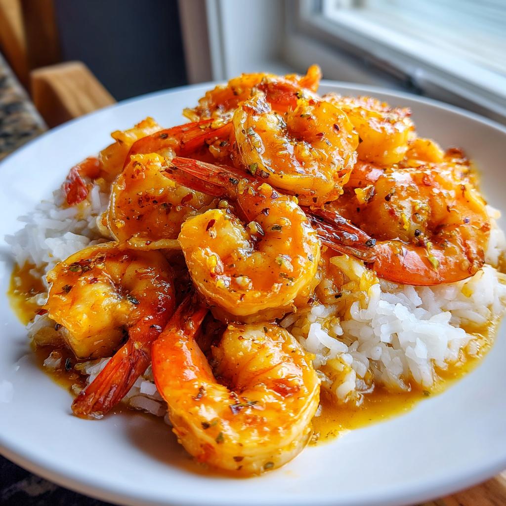 Close-up of vibrant Hawaiian garlic shrimp coated in a rich sauce, served over white rice on a plate.