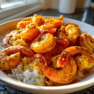 Close-up of bright orange Hawaiian garlic shrimp coated in a rich sauce, served over a bed of fluffy white rice in a white bowl.