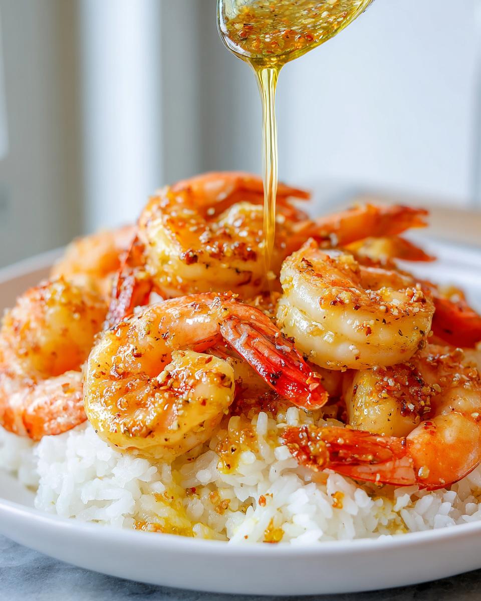 Close-up of Hawaiian garlic shrimp served over white rice, with a spoonful of garlic butter sauce being drizzled over the top.