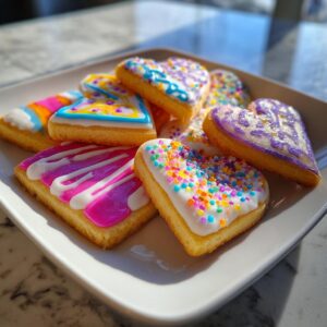A plate of heart-shaped sugar cookies decorated with colorful, hardened sugar cookie icing and sprinkles.