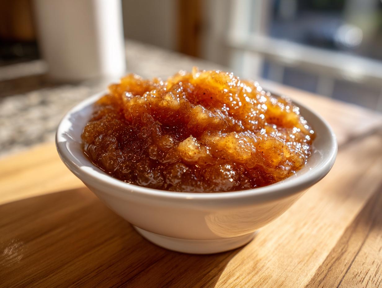 Close-up of chunky, brown homemade applesauce seasoned with cinnamon served in a small white bowl.