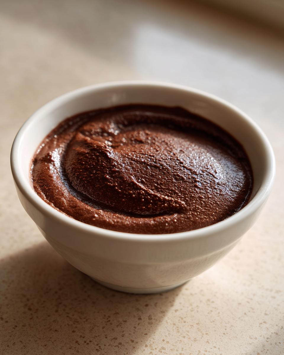 A close-up of thick, rich homemade chocolate pudding served in a small white bowl.