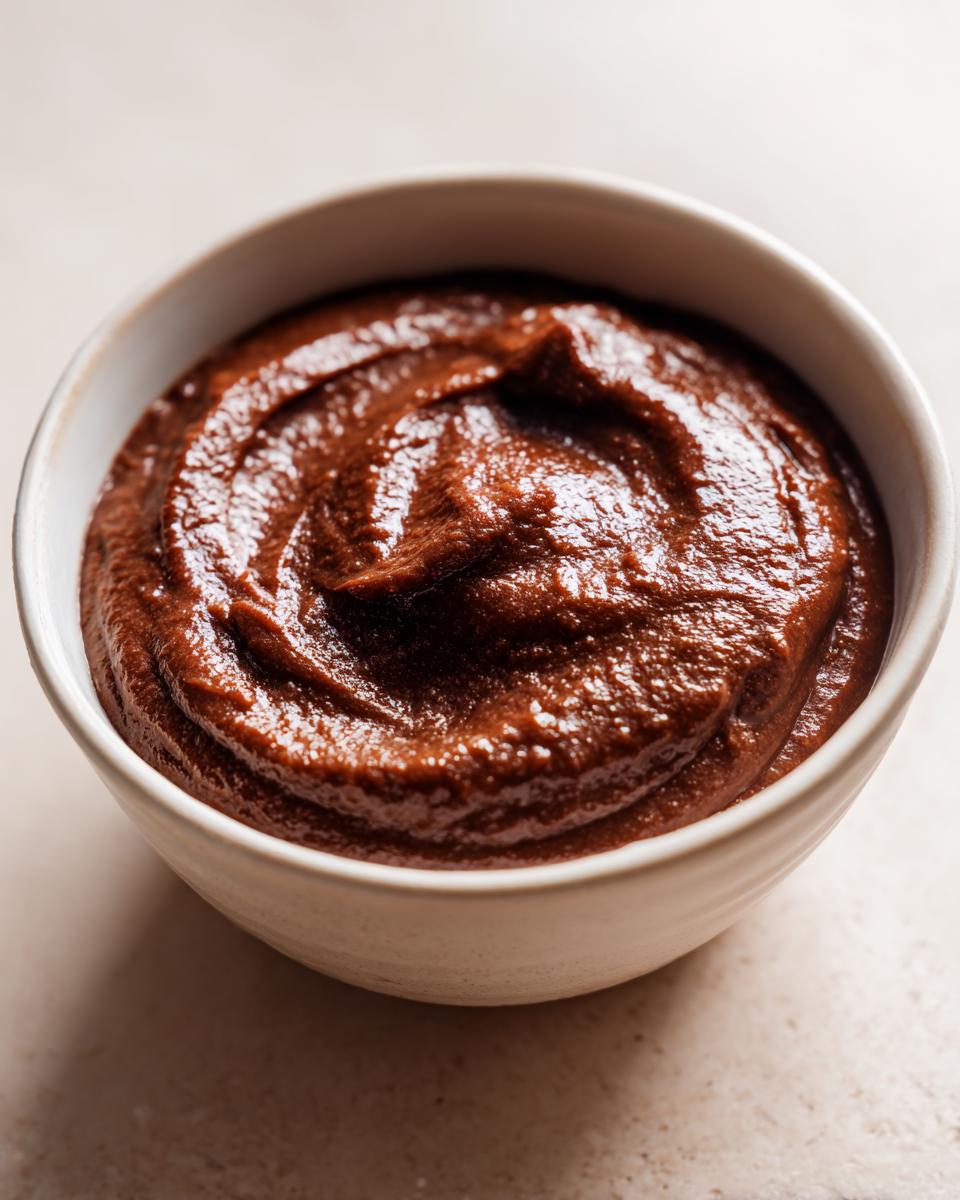 A close-up of thick, glossy homemade chocolate pudding swirled inside a small white bowl.