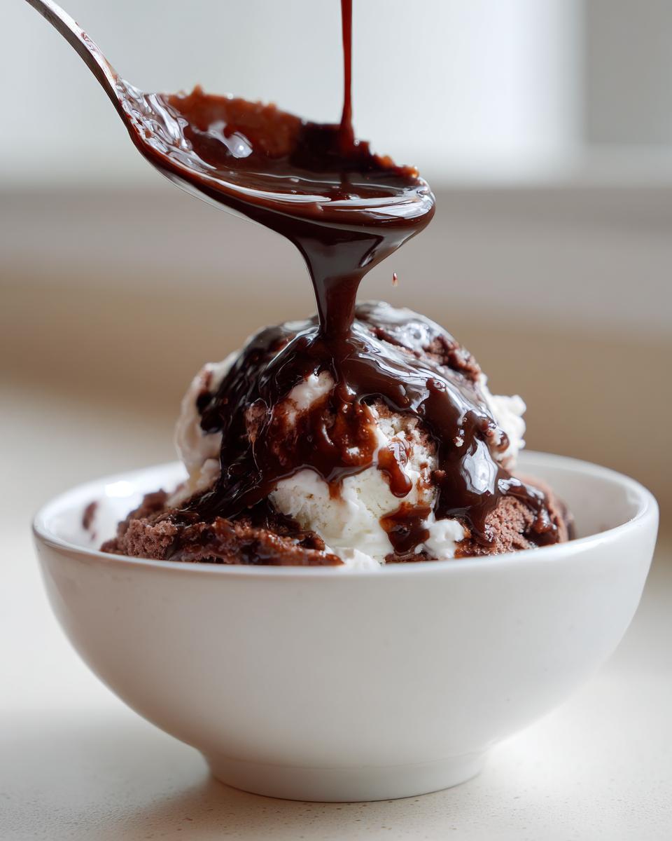 A spoonful of thick, homemade chocolate syrup is being poured over scoops of vanilla and chocolate ice cream in a white bowl.
