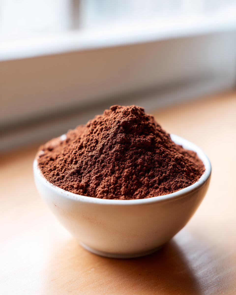 A close-up of a mound of rich, dark brown homemade hot cocoa mix piled high in a small white bowl.