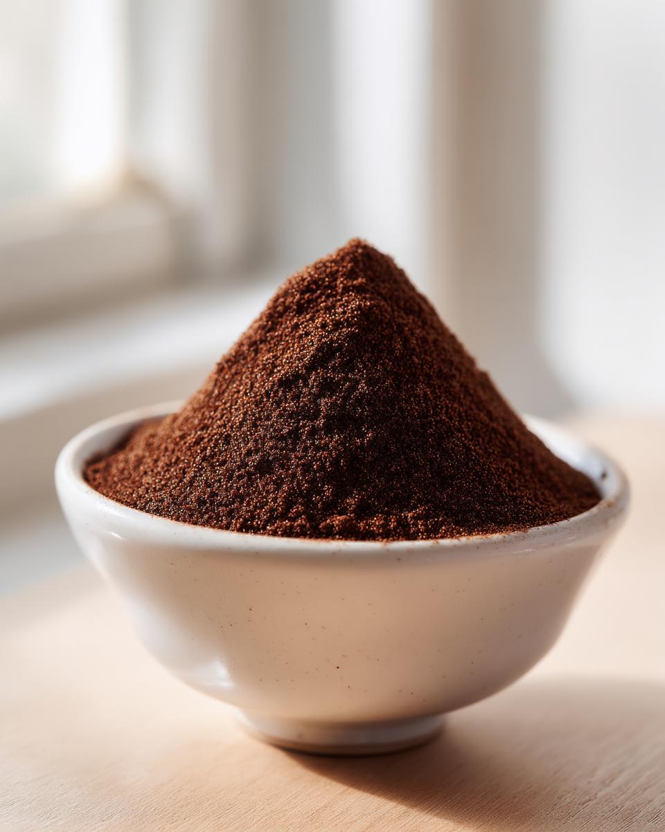 A small white bowl filled with a perfectly mounded pile of rich brown hot cocoa mix powder.