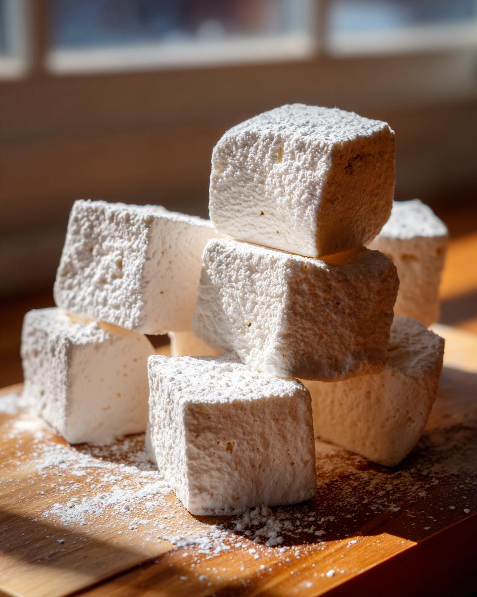 A stack of large, square homemade marshmallows generously dusted with powdered sugar on a wooden board.