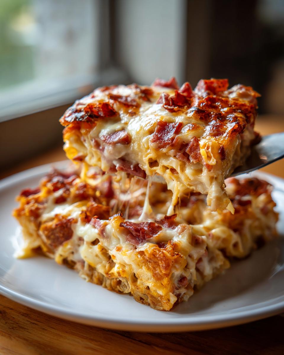 A serving utensil lifts a cheesy, gooey slice of homemade Reuben bake with melted cheese strings.