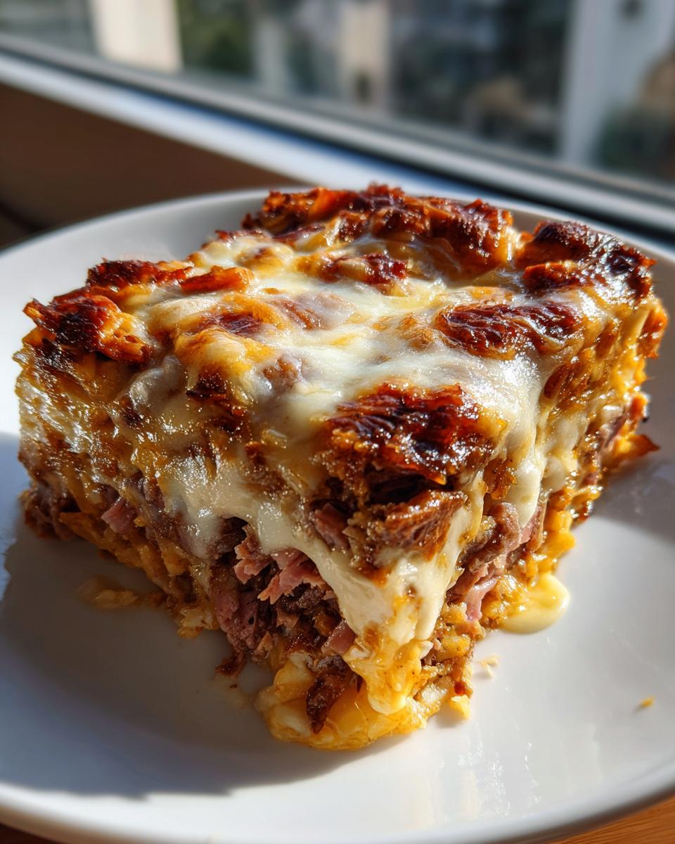 A close-up of a square slice of homemade Reuben bake, topped with melted, browned cheese.