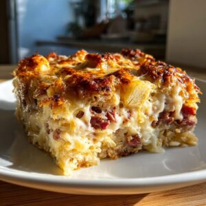 A close-up shot of a cheesy, golden-brown slice of homemade Reuben bake on a white plate.