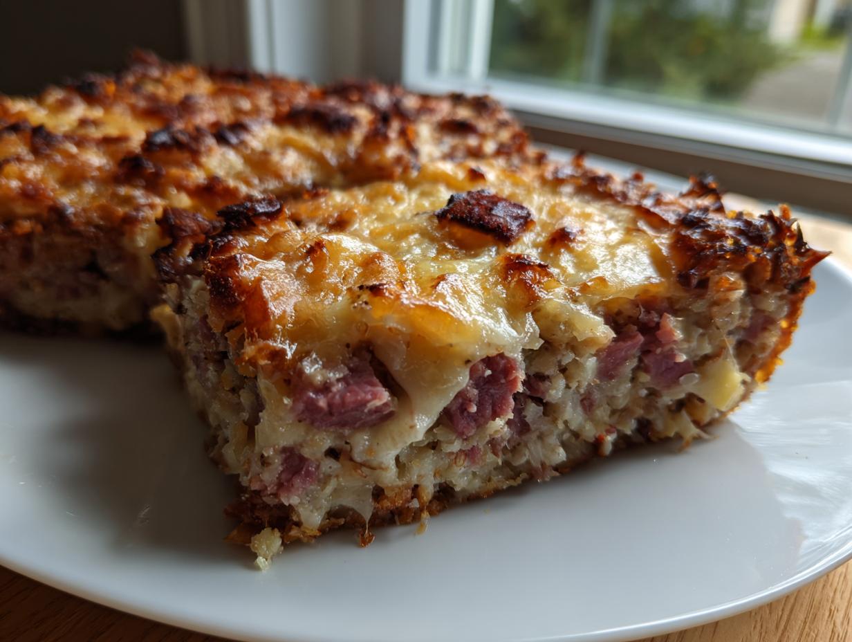 A close-up of a thick slice of homemade Reuben bake, showing corned beef chunks and a crispy, cheesy top.