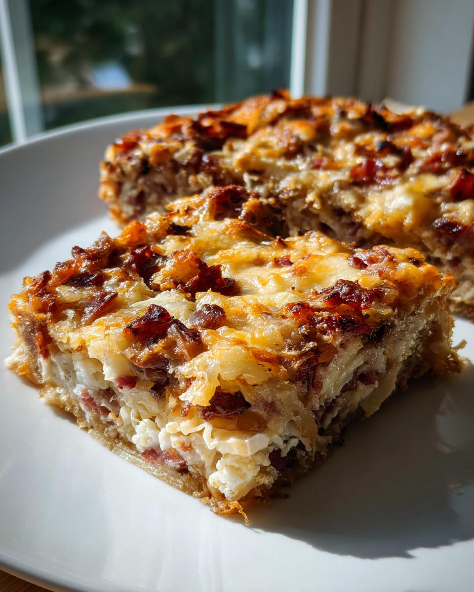 A thick slice of homemade Reuben bake showing layers of corned beef, cheese, and sauerkraut on a white plate.
