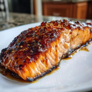 A perfectly cooked fillet of salmon covered in a thick, shiny honey garlic butter glaze, ready to eat.