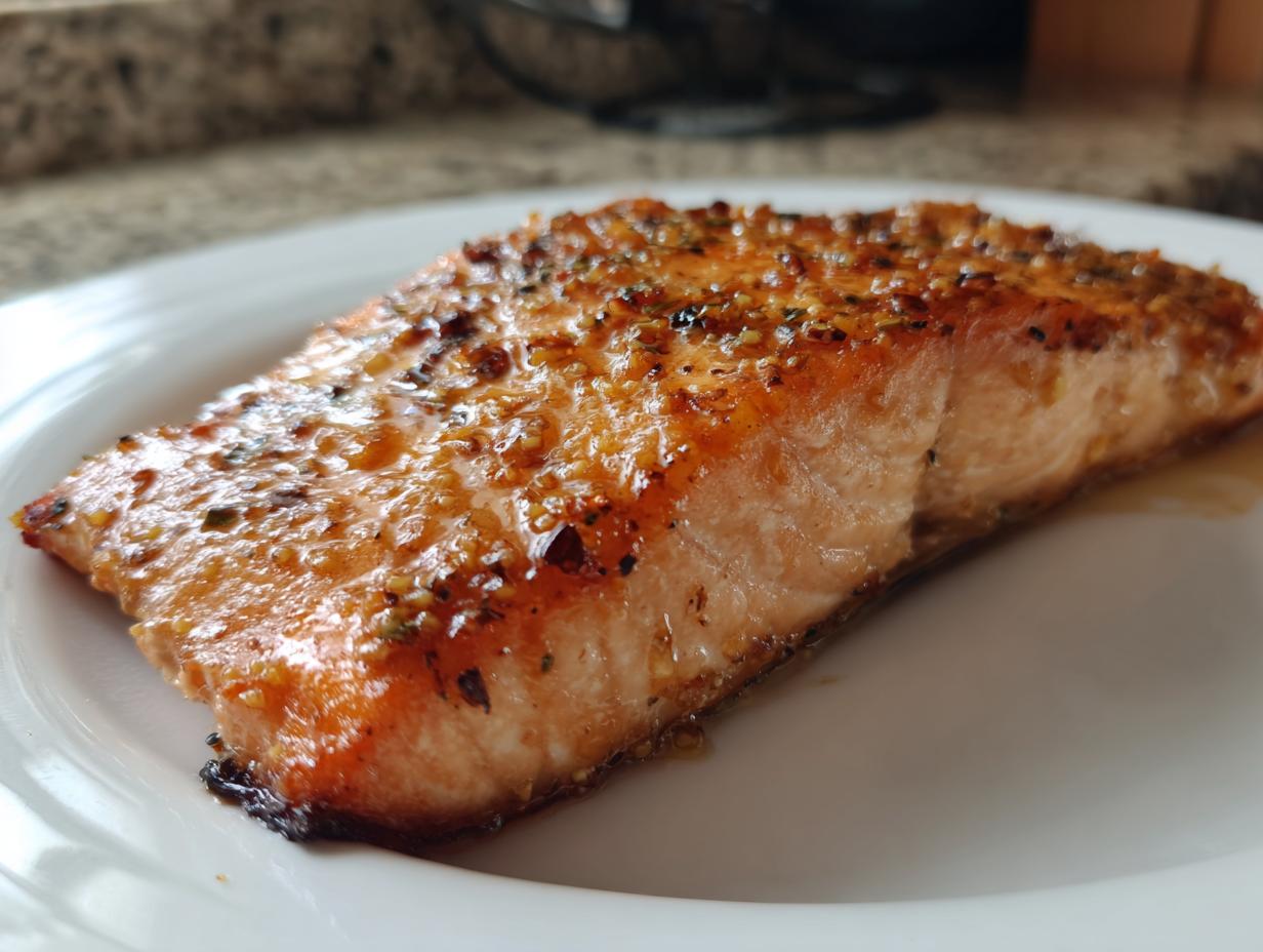 A perfectly cooked, glazed fillet of salmon seasoned with herbs, ready to eat.