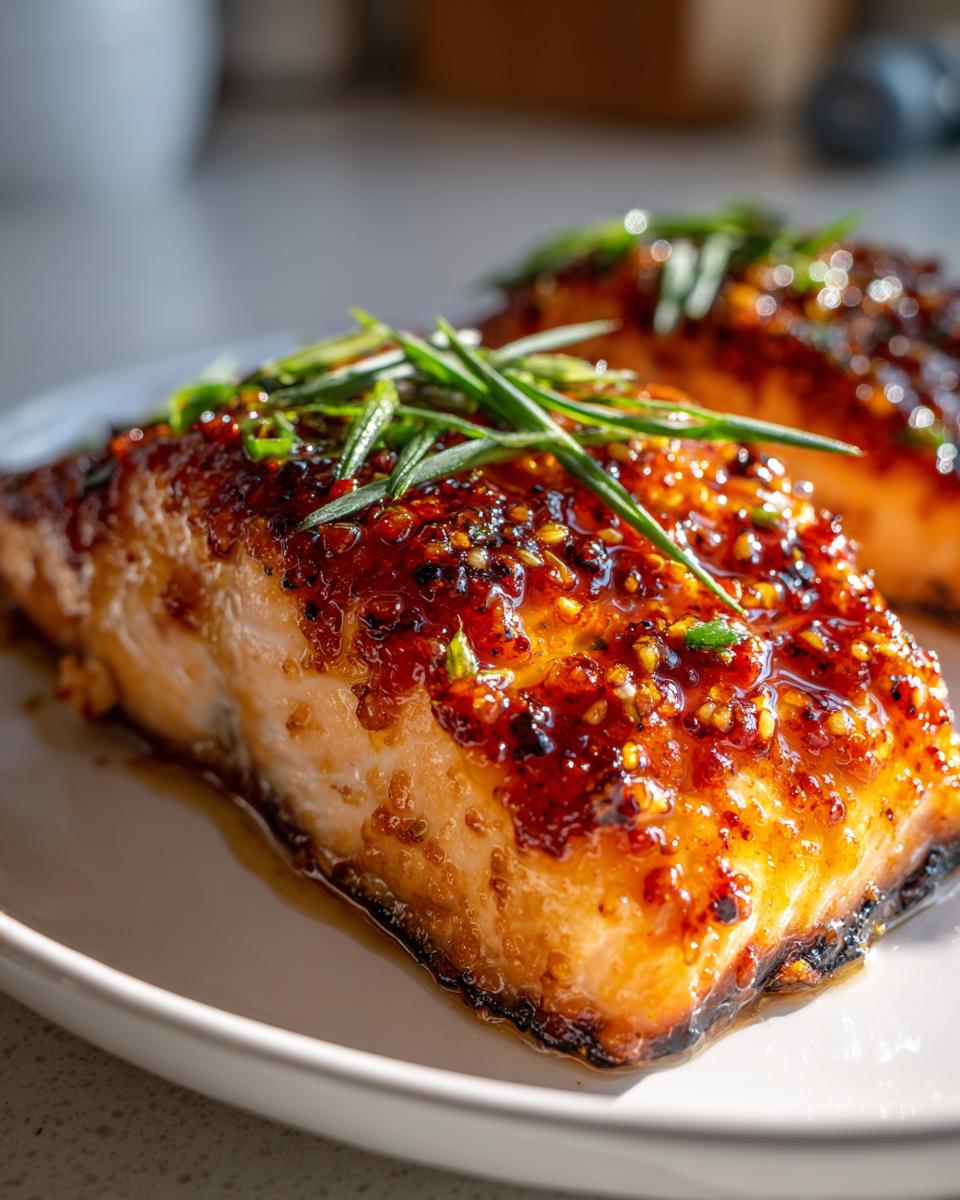 Close-up of a perfectly cooked salmon fillet with a thick, shiny honey garlic butter glaze and fresh green herbs.