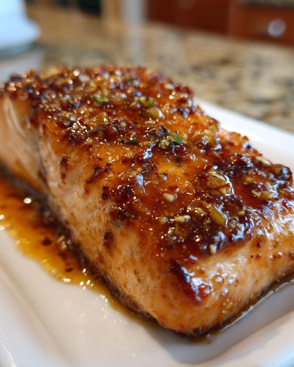 Close-up of a perfectly cooked salmon fillet covered in a thick, glistening honey garlic butter glaze.